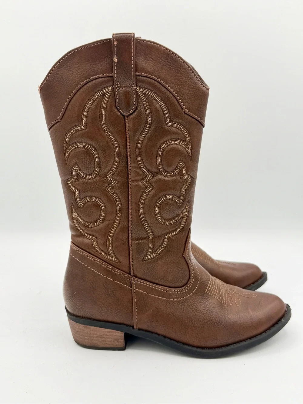 Girls Brown Western Cowboy Boots Side Zip Square Toe Size 1 Faux Leather